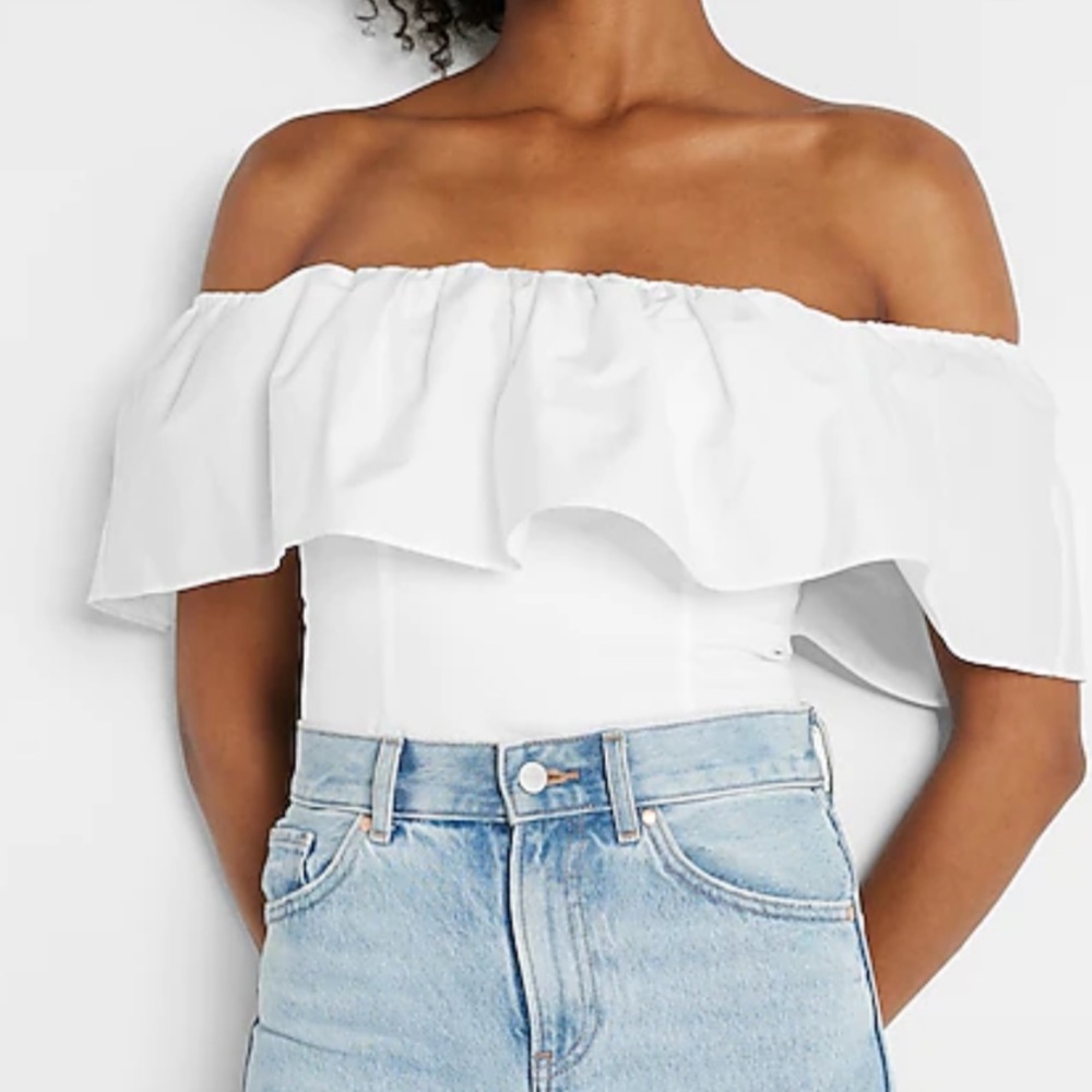Express Black Off the Shoulder Ruffle Overlay Crop Top - Picture 3 of 12